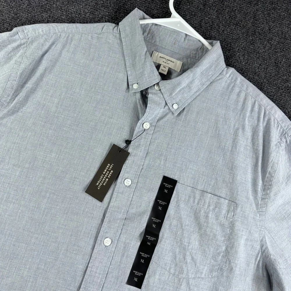 Banana Republic Mens XL‎ Slim Fit Short Sleeve Organic Cotton Button Down Shirt